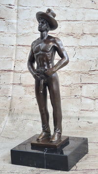 Erotic Gay Cowboy Exposed Bronze Sculpture Figure Marble Base 12" x 4"