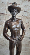 Erotic Gay Cowboy Exposed Bronze Sculpture Figure Marble Base 12" x 4"