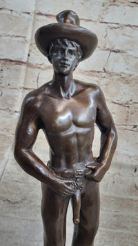 Erotic Gay Cowboy Exposed Bronze Sculpture Figure Marble Base 12" x 4"