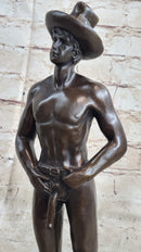 Erotic Gay Cowboy Exposed Bronze Sculpture Figure Marble Base 12" x 4"