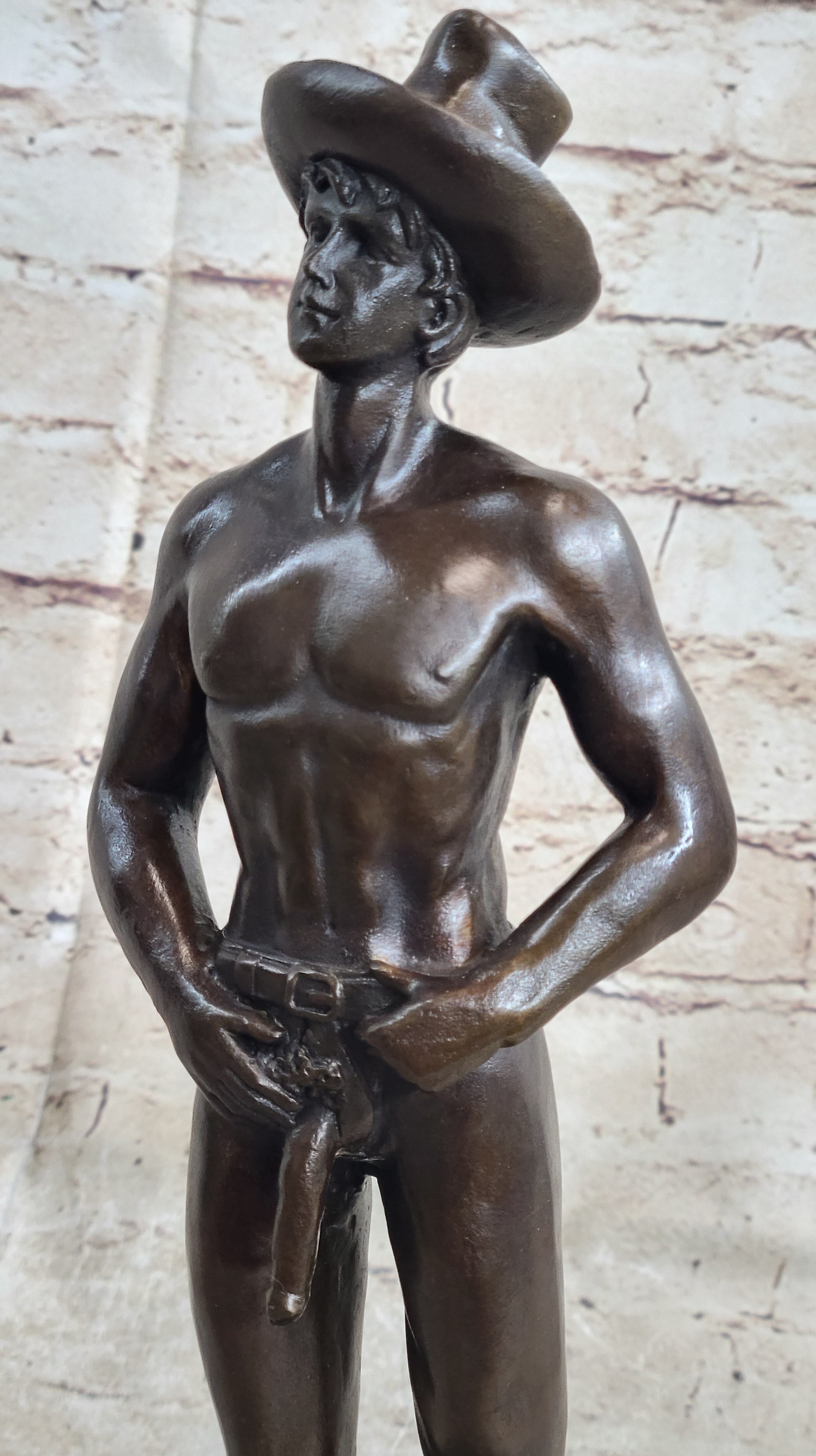 Erotic Gay Cowboy Exposed Bronze Sculpture Figure Marble Base 12" x 4"