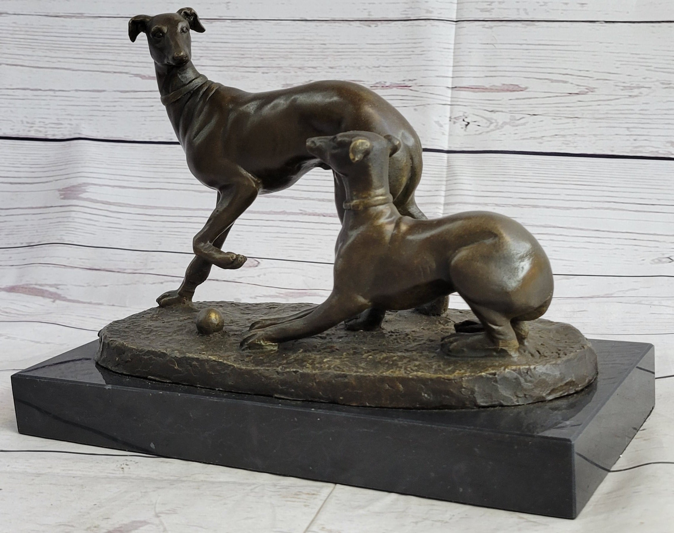 Pj Mene Two Greyhounds Dogs Playing Argente Dore Bronze Sculpture