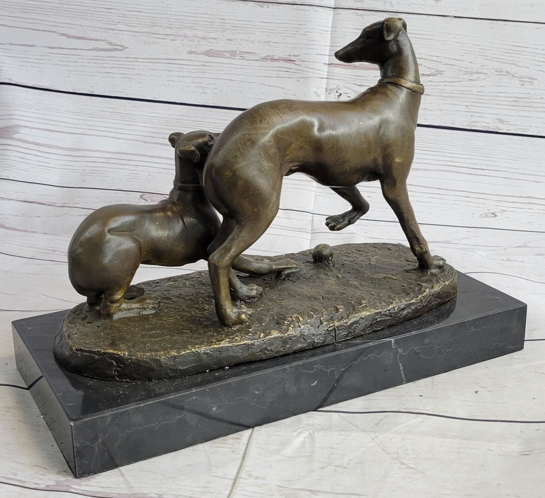 Pj Mene Two Greyhounds Dogs Playing Argente Dore Bronze Sculpture