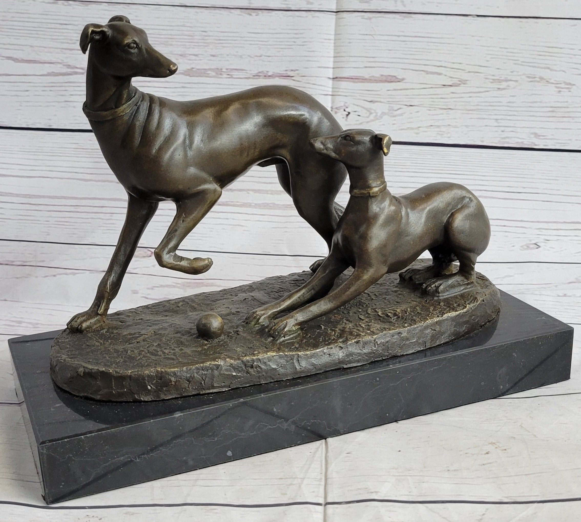 Pj Mene Two Greyhounds Dogs Playing Argente Dore Bronze Sculpture