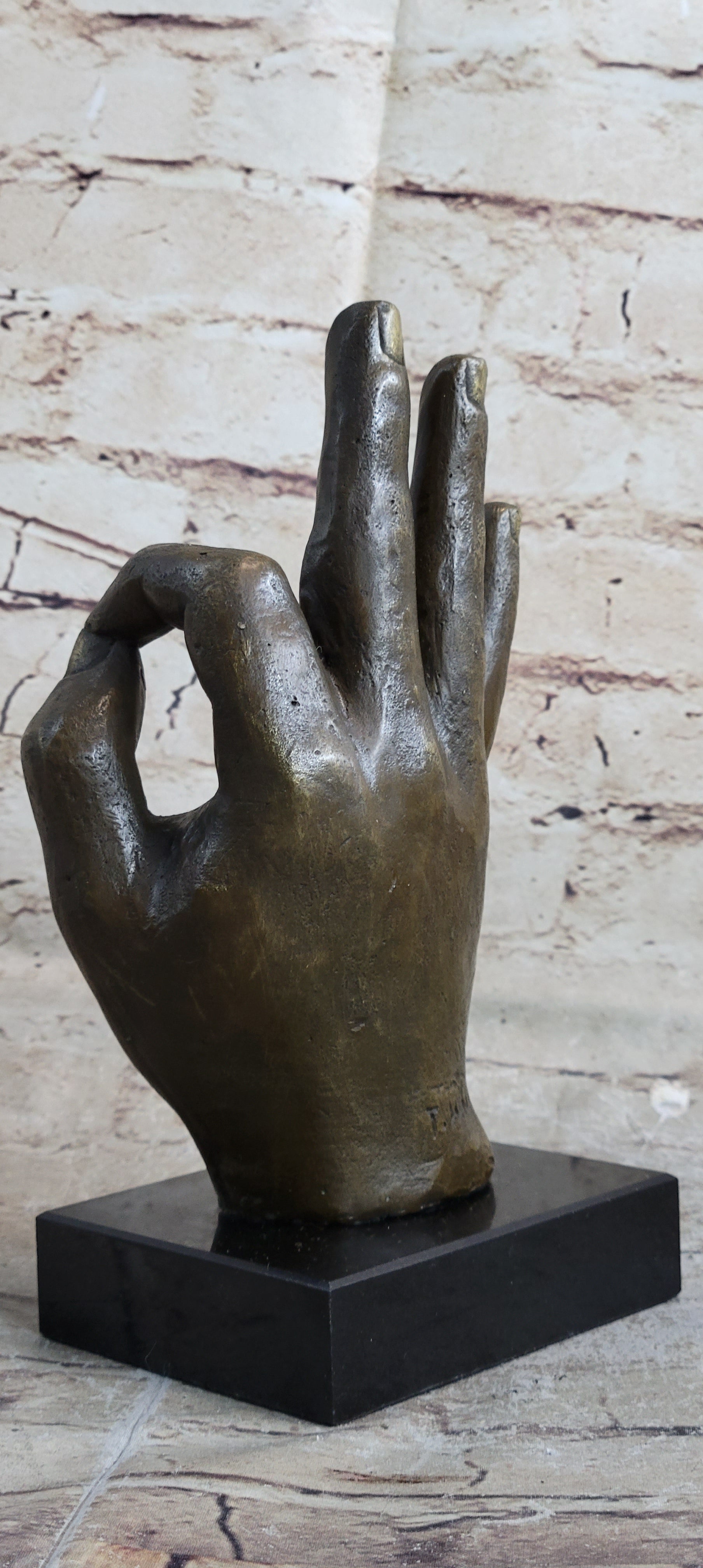 Abstract Modern Art OK Gesture Sign Bronze Sculpture Marble Base