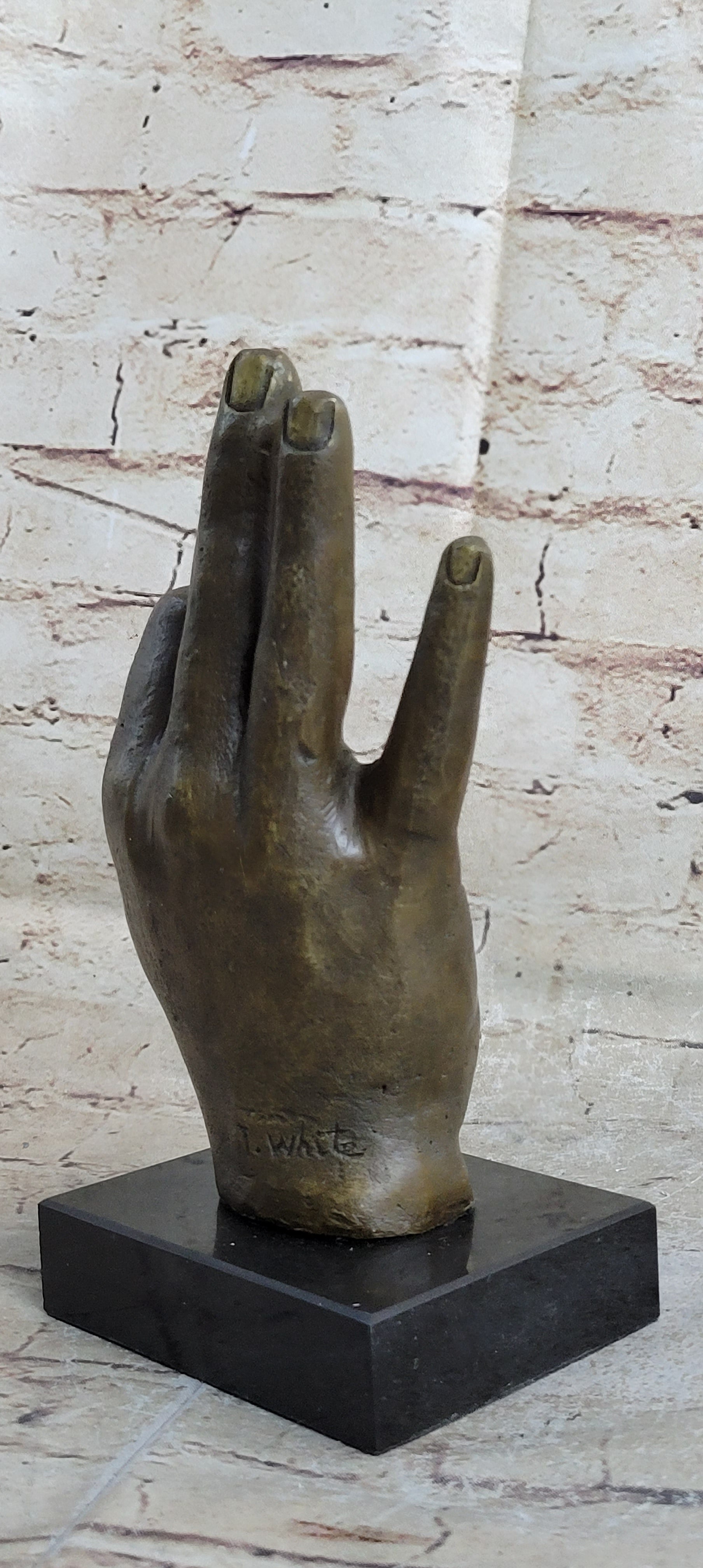 Abstract Modern Art OK Gesture Sign Bronze Sculpture Marble Base