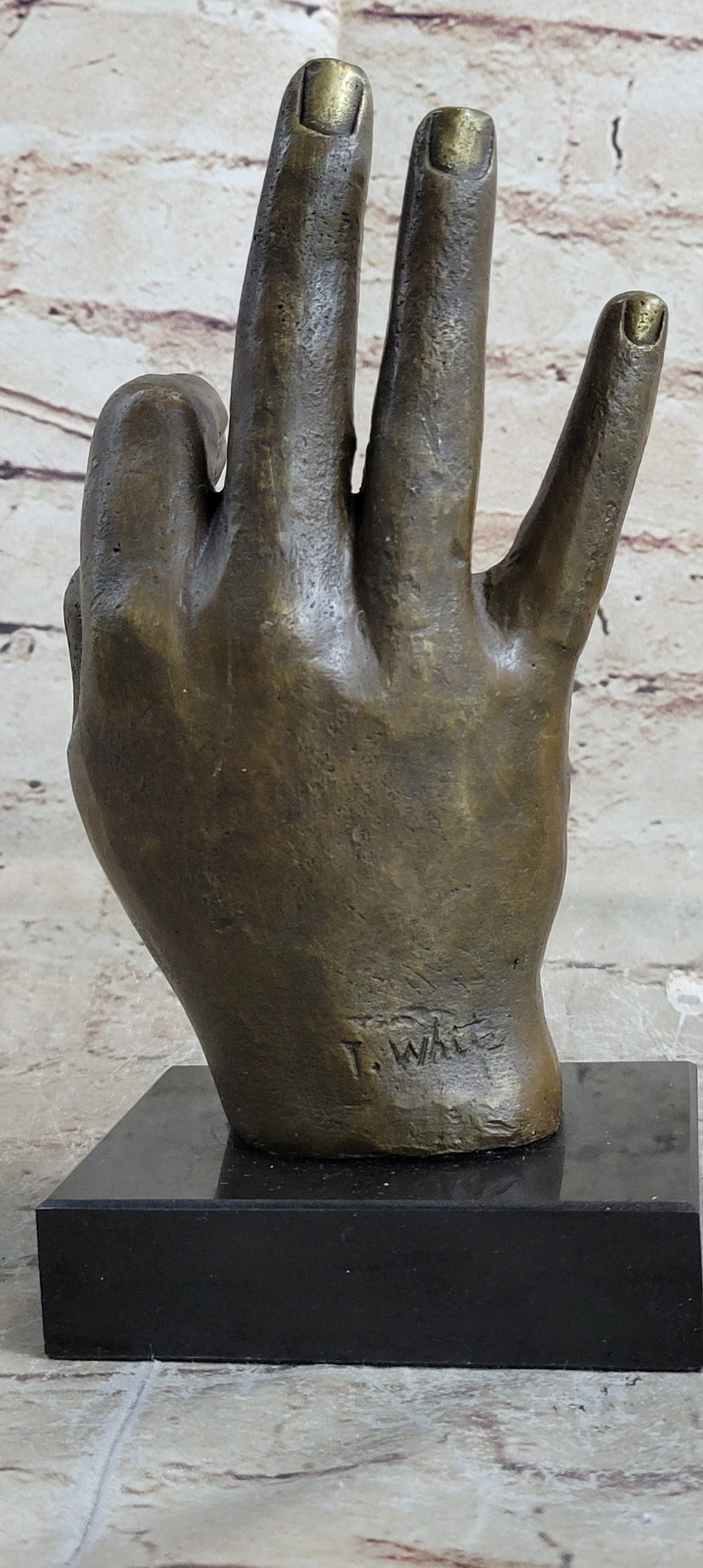 Abstract Modern Art OK Gesture Sign Bronze Sculpture Marble Base