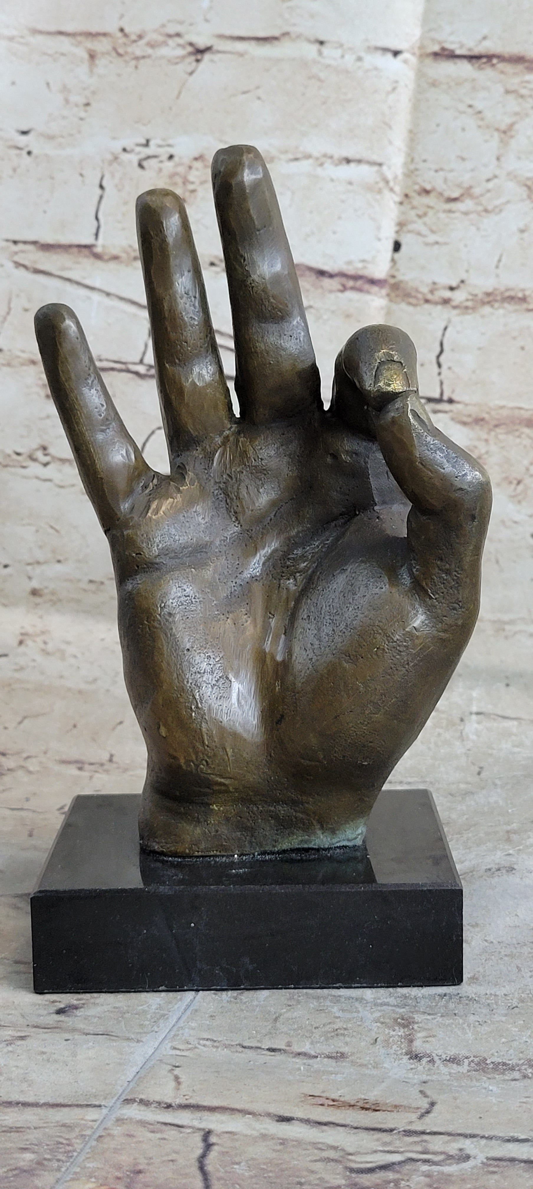 Abstract Modern Art OK Gesture Sign Bronze Sculpture Marble Base