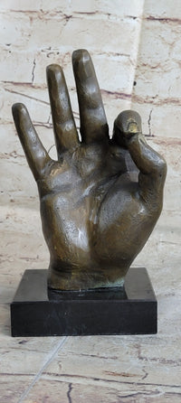 Abstract Modern Art OK Gesture Sign Bronze Sculpture Marble Base