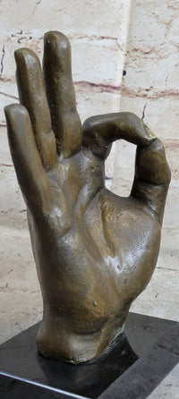 Abstract Modern Art OK Gesture Sign Bronze Sculpture Marble Base
