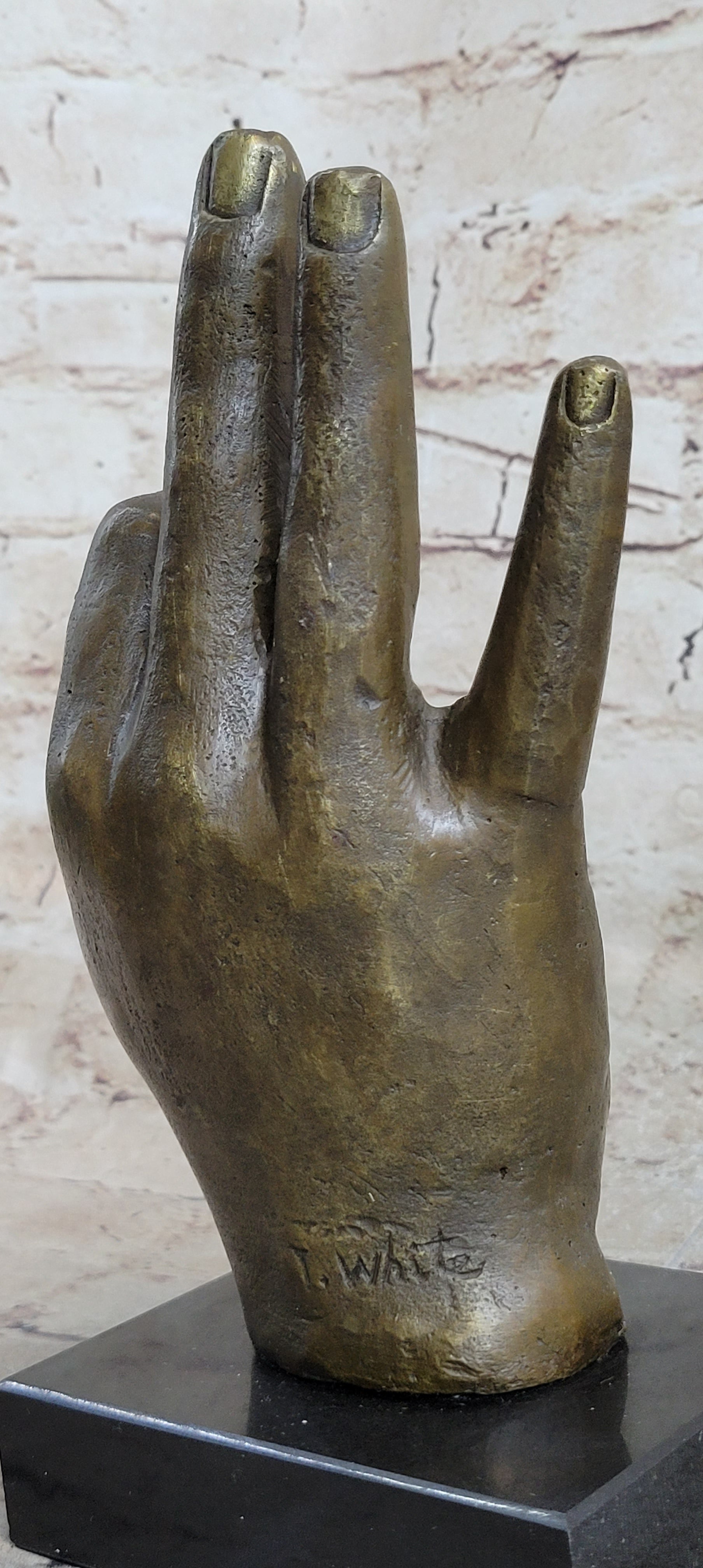 Abstract Modern Art OK Gesture Sign Bronze Sculpture Marble Base