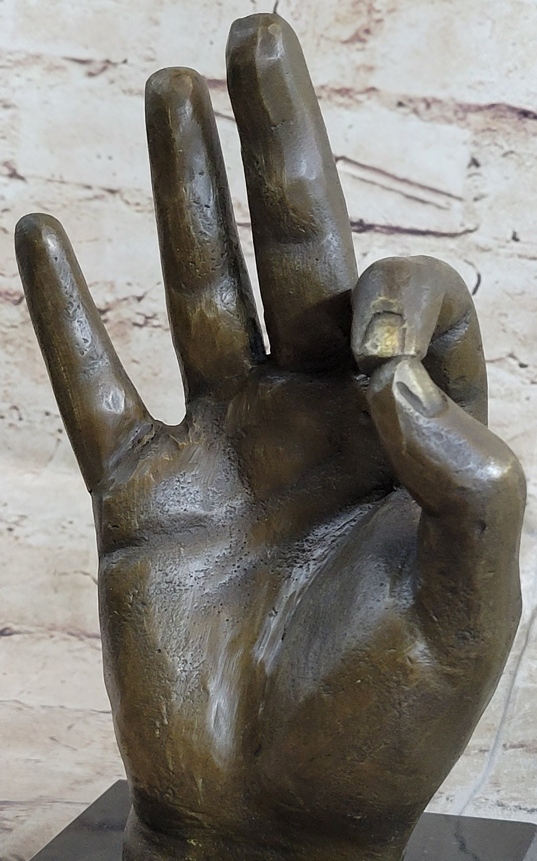 Abstract Modern Art OK Gesture Sign Bronze Sculpture Marble Base