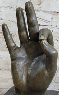 Abstract Modern Art OK Gesture Sign Bronze Sculpture Marble Base