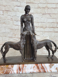 Lady with 2 Borzoi Dogs Chiparus Art Deco Bronze 18" x 6"