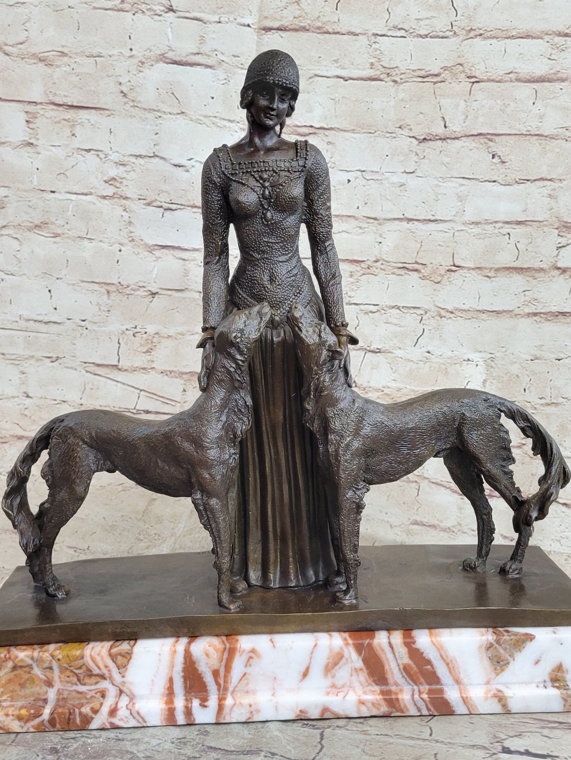 Lady with 2 Borzoi Dogs Chiparus Art Deco Bronze 18" x 6"