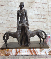 Lady with 2 Borzoi Dogs Chiparus Art Deco Bronze 18" x 6"