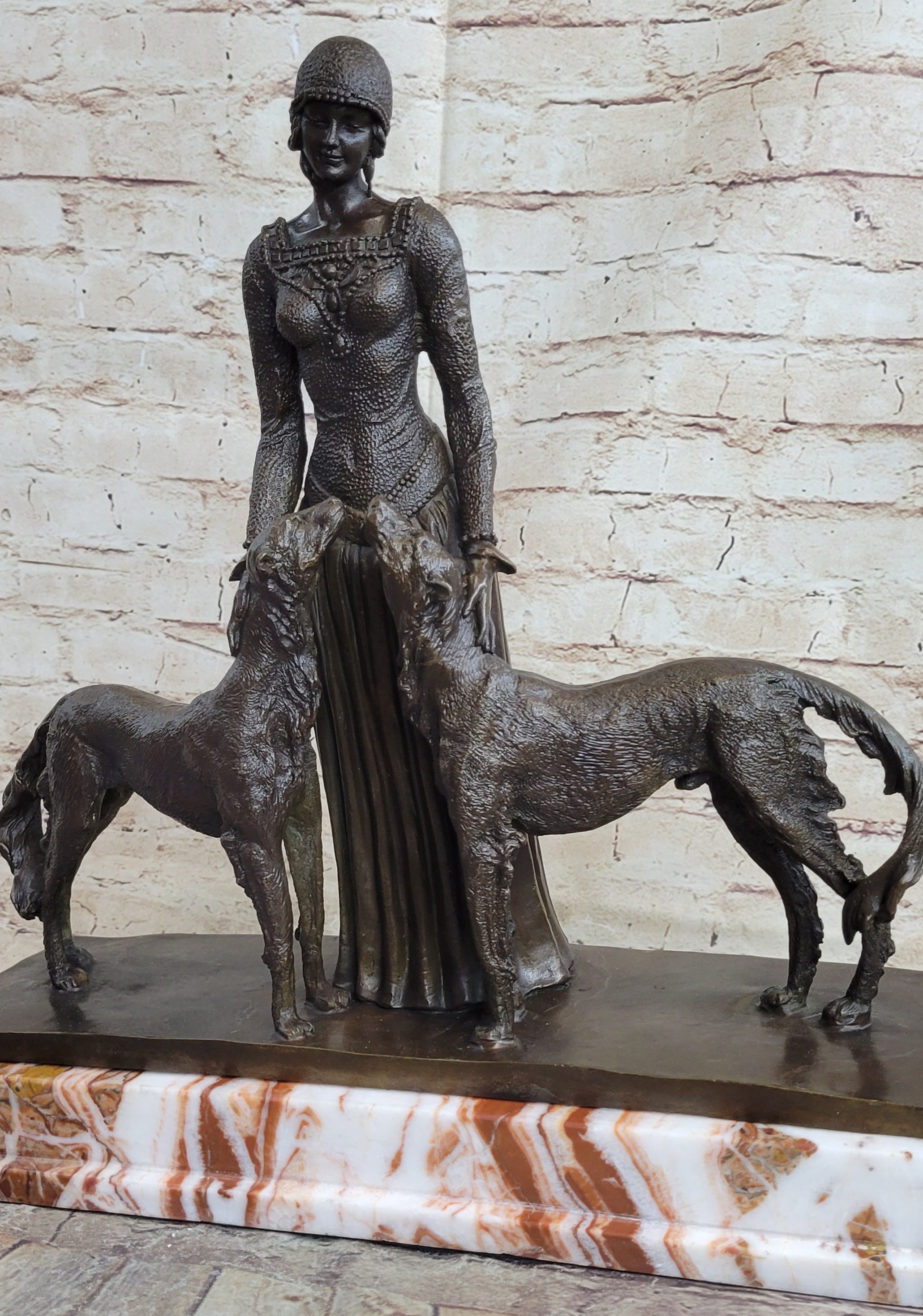 Lady with 2 Borzoi Dogs Chiparus Art Deco Bronze 18" x 6"