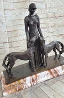 Lady with 2 Borzoi Dogs Chiparus Art Deco Bronze 18" x 6"