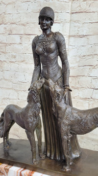 Lady with 2 Borzoi Dogs Chiparus Art Deco Bronze 18" x 6"