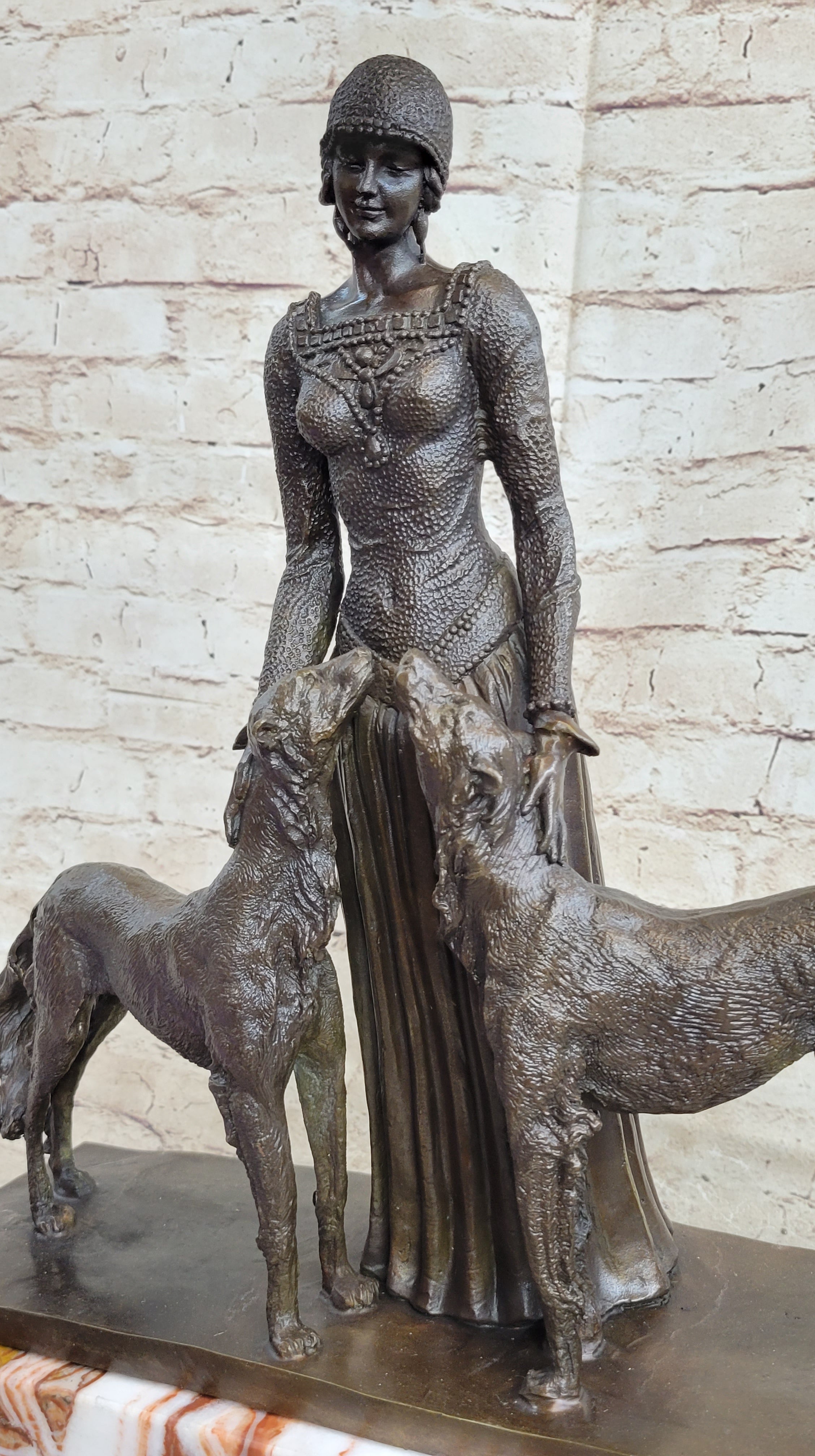 Lady with 2 Borzoi Dogs Chiparus Art Deco Bronze 18" x 6"