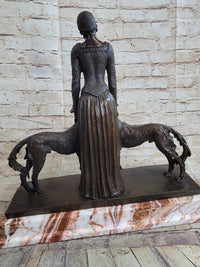 Lady with 2 Borzoi Dogs Chiparus Art Deco Bronze 18" x 6"