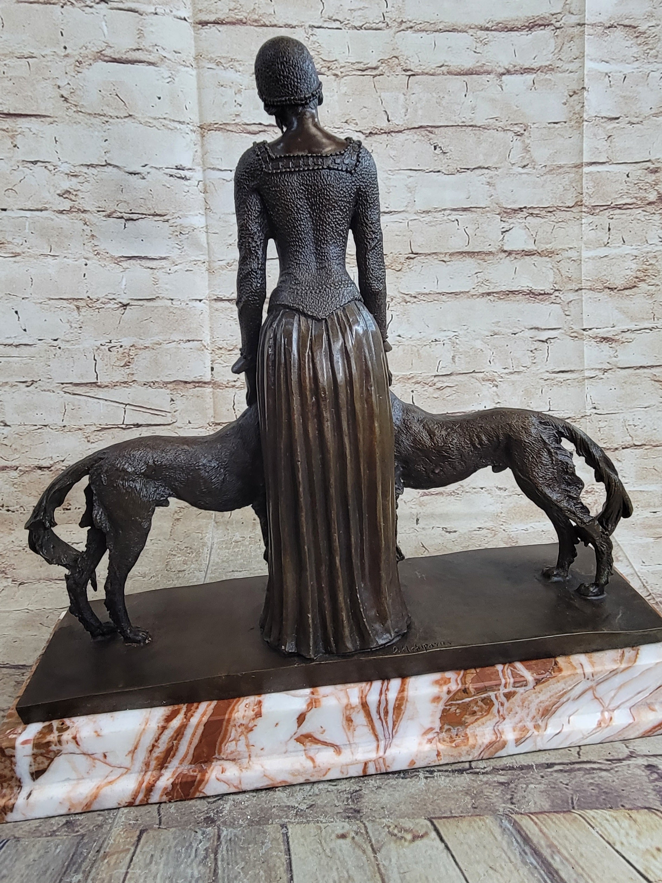 Lady with 2 Borzoi Dogs Chiparus Art Deco Bronze 18" x 6"