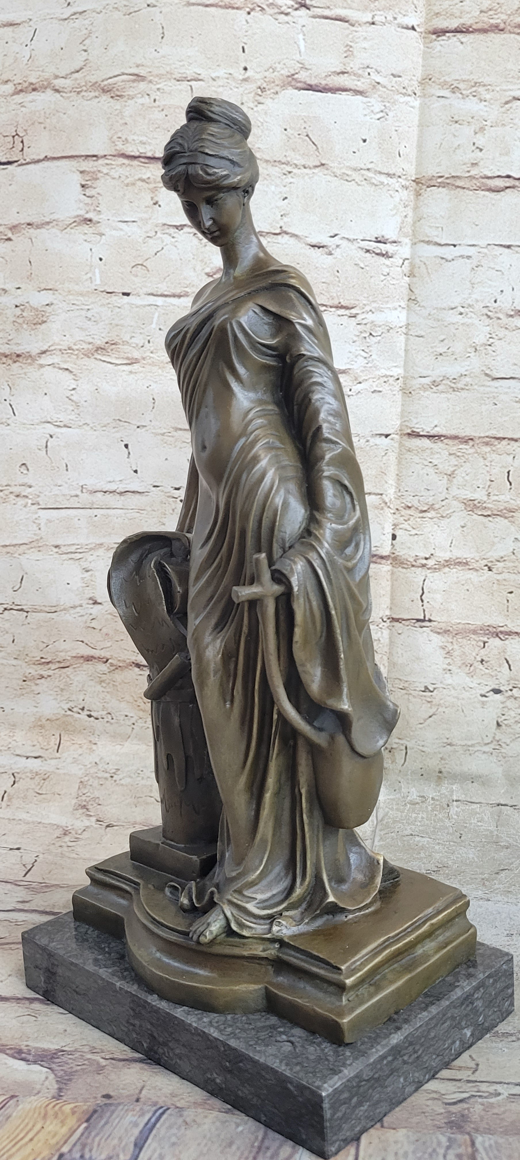 Young Roman Woman Leaning Against Pillar Bronze Figure