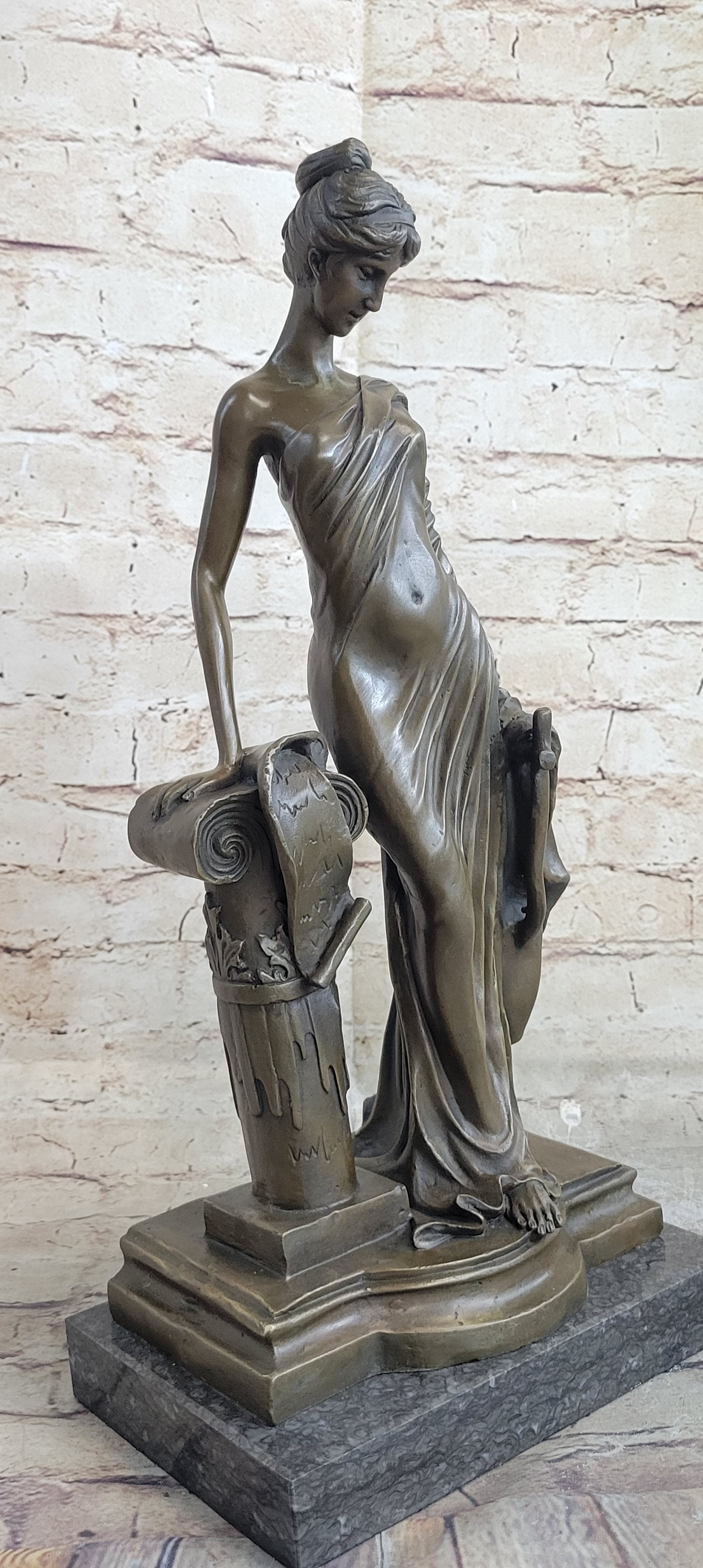 Young Roman Woman Leaning Against Pillar Bronze Figure