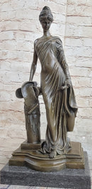 Young Roman Woman Leaning Against Pillar Bronze Figure