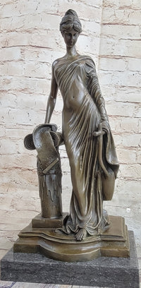 Young Roman Woman Leaning Against Pillar Bronze Figure