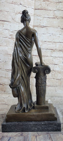 Young Roman Woman Leaning Against Pillar Bronze Figure