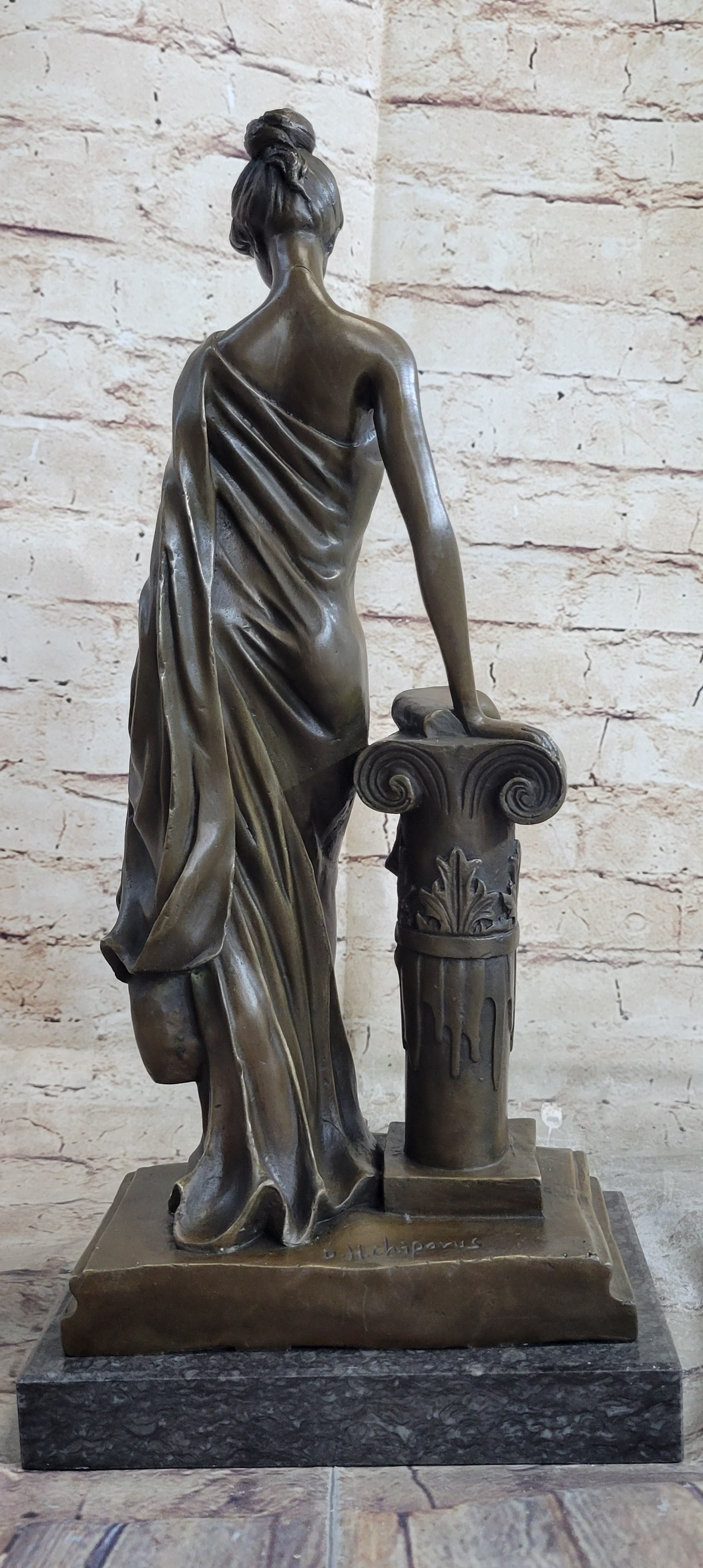 Young Roman Woman Leaning Against Pillar Bronze Figure