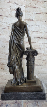 Young Roman Woman Leaning Against Pillar Bronze Figure