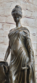 Young Roman Woman Leaning Against Pillar Bronze Figure