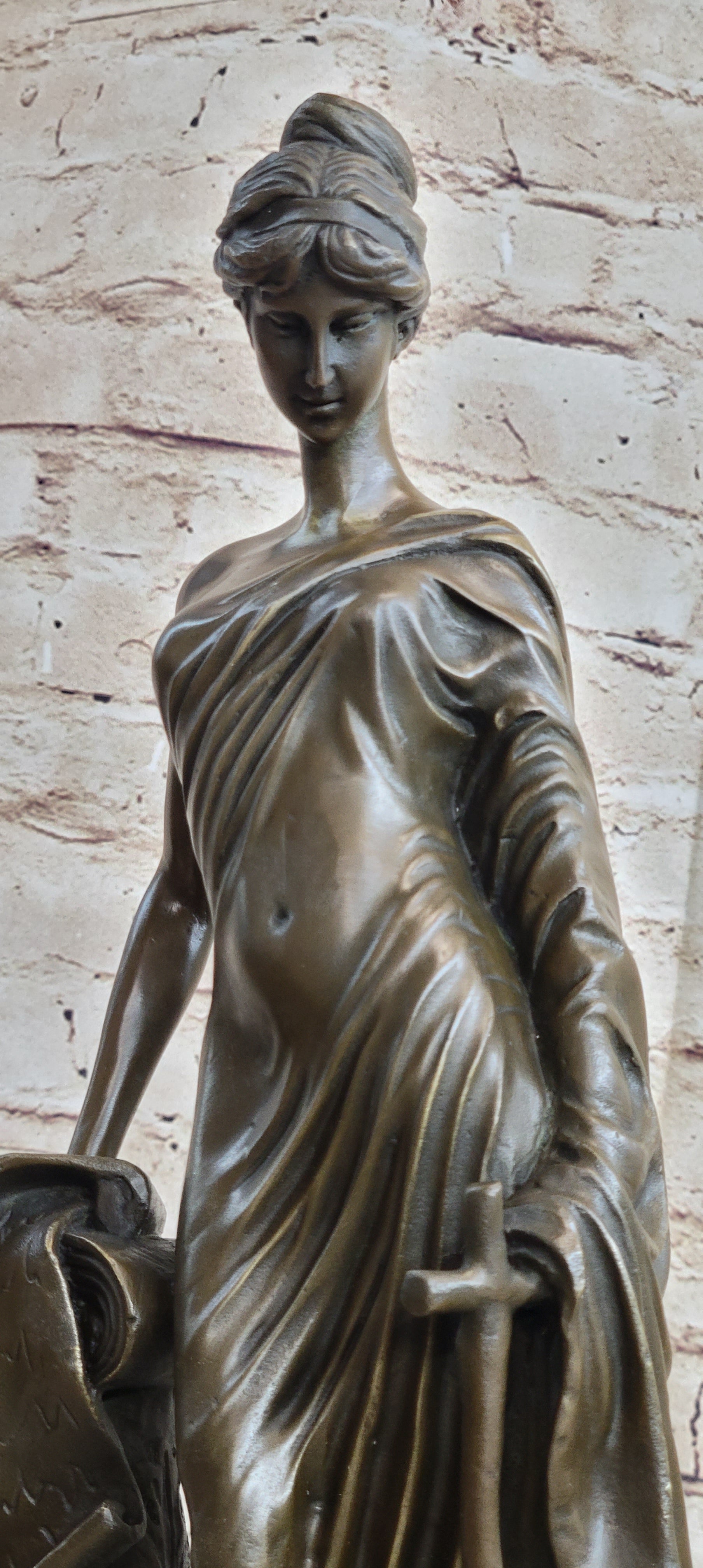 Young Roman Woman Leaning Against Pillar Bronze Figure