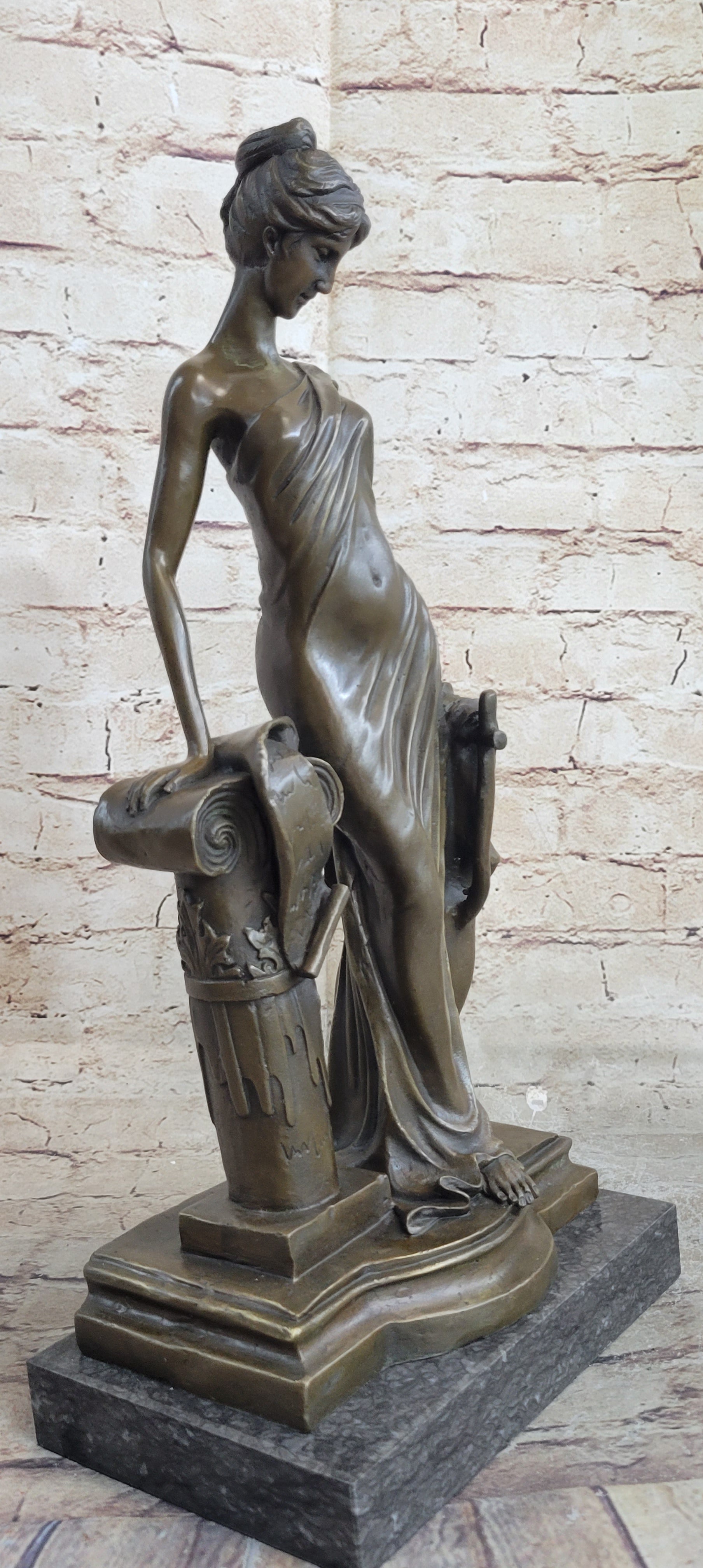 Young Roman Woman Leaning Against Pillar Bronze Figure