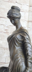 Young Roman Woman Leaning Against Pillar Bronze Figure