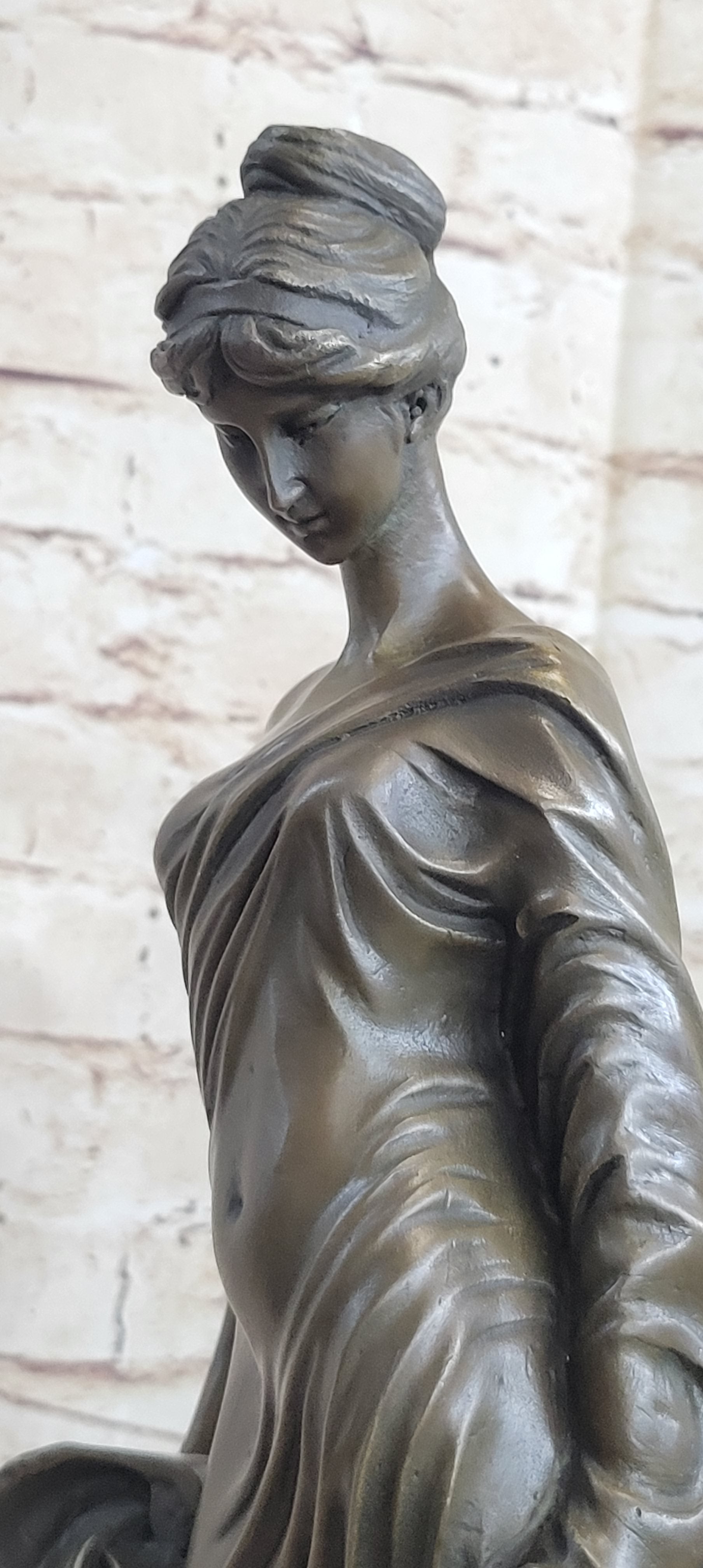 Young Roman Woman Leaning Against Pillar Bronze Figure