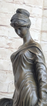 Young Roman Woman Leaning Against Pillar Bronze Figure