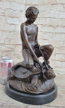 Signed Mercie Nude Boy Riding Turtle Bronze Sculpture Marble Base