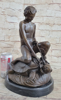 Signed Mercie Nude Boy Riding Turtle Bronze Sculpture Marble Base