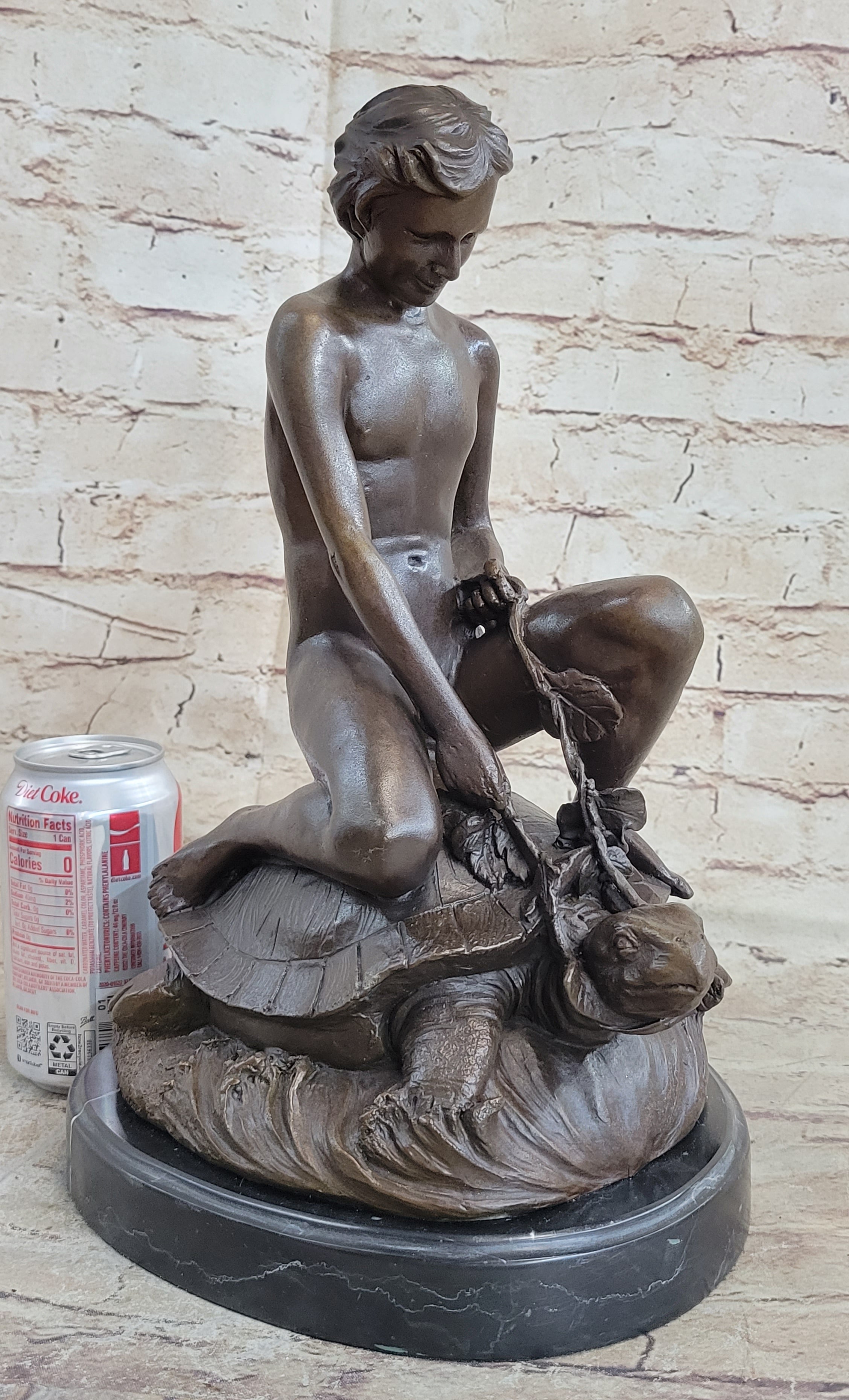 Signed Mercie Nude Boy Riding Turtle Bronze Sculpture Marble Base
