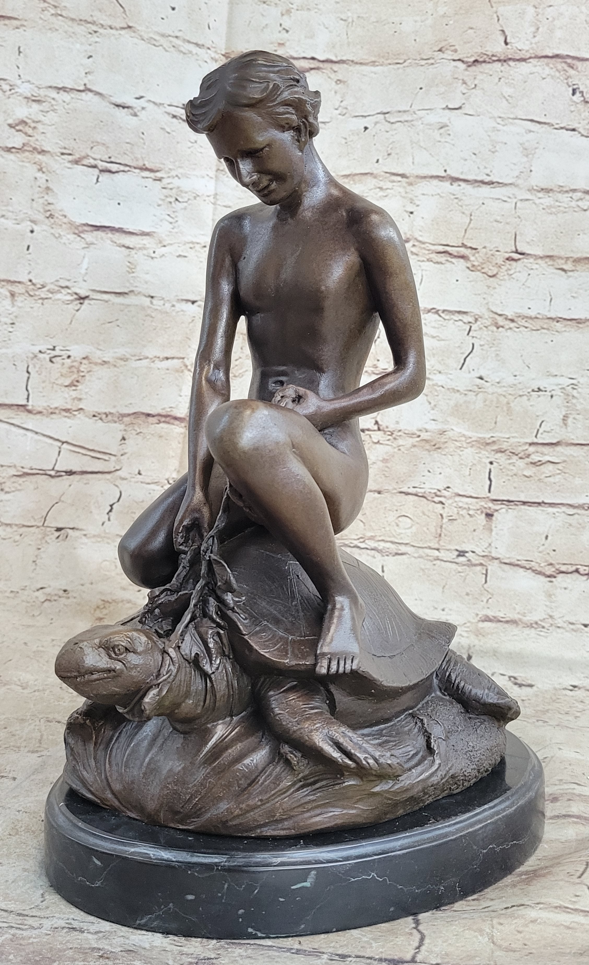 Signed Mercie Nude Boy Riding Turtle Bronze Sculpture Marble Base
