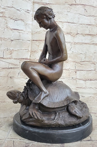 Signed Mercie Nude Boy Riding Turtle Bronze Sculpture Marble Base