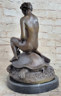 Signed Mercie Nude Boy Riding Turtle Bronze Sculpture Marble Base