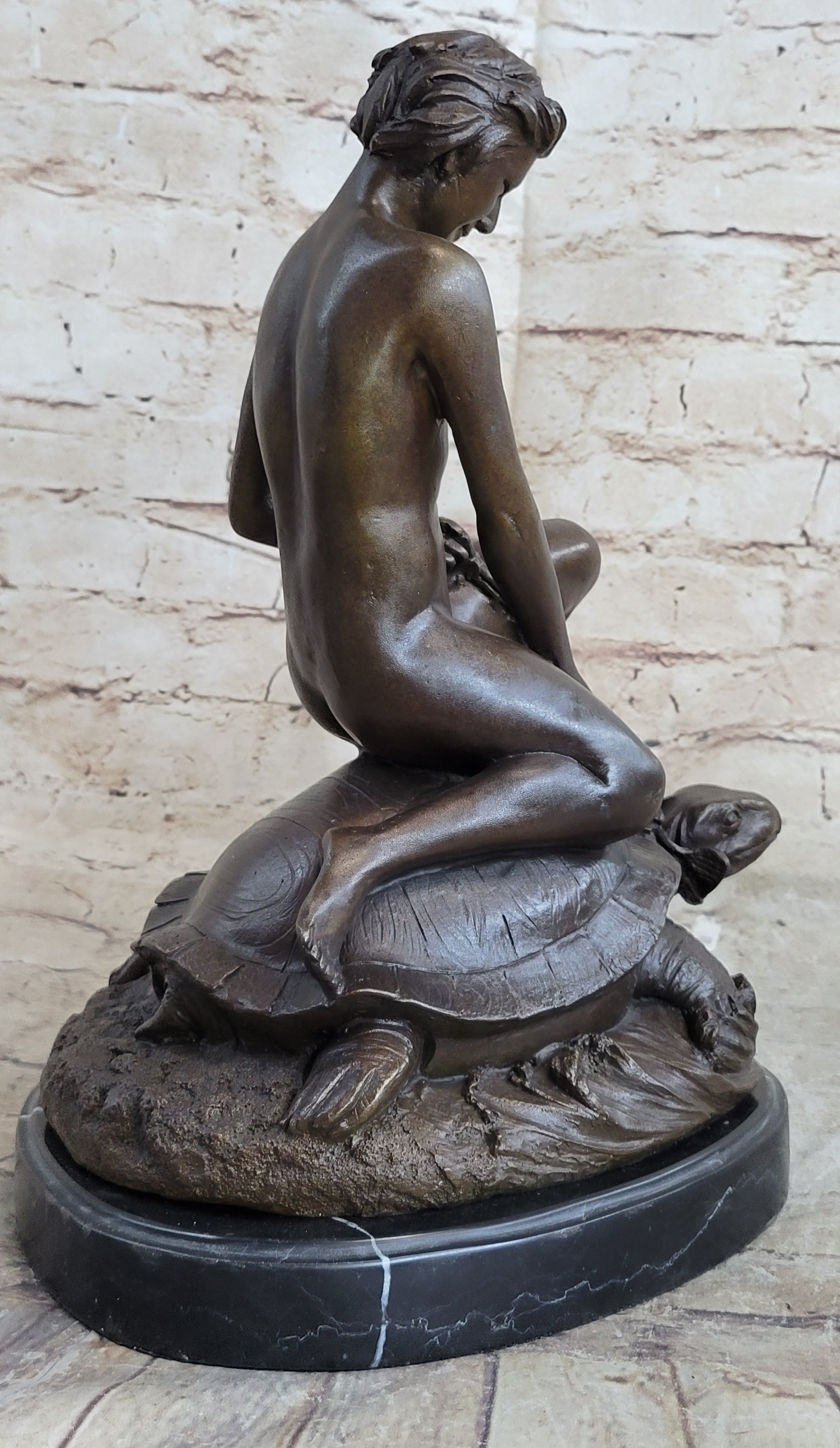 Signed Mercie Nude Boy Riding Turtle Bronze Sculpture Marble Base