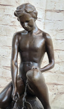 Signed Mercie Nude Boy Riding Turtle Bronze Sculpture Marble Base
