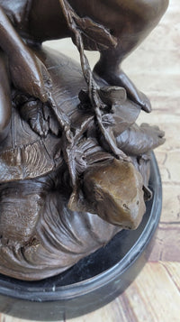Signed Mercie Nude Boy Riding Turtle Bronze Sculpture Marble Base