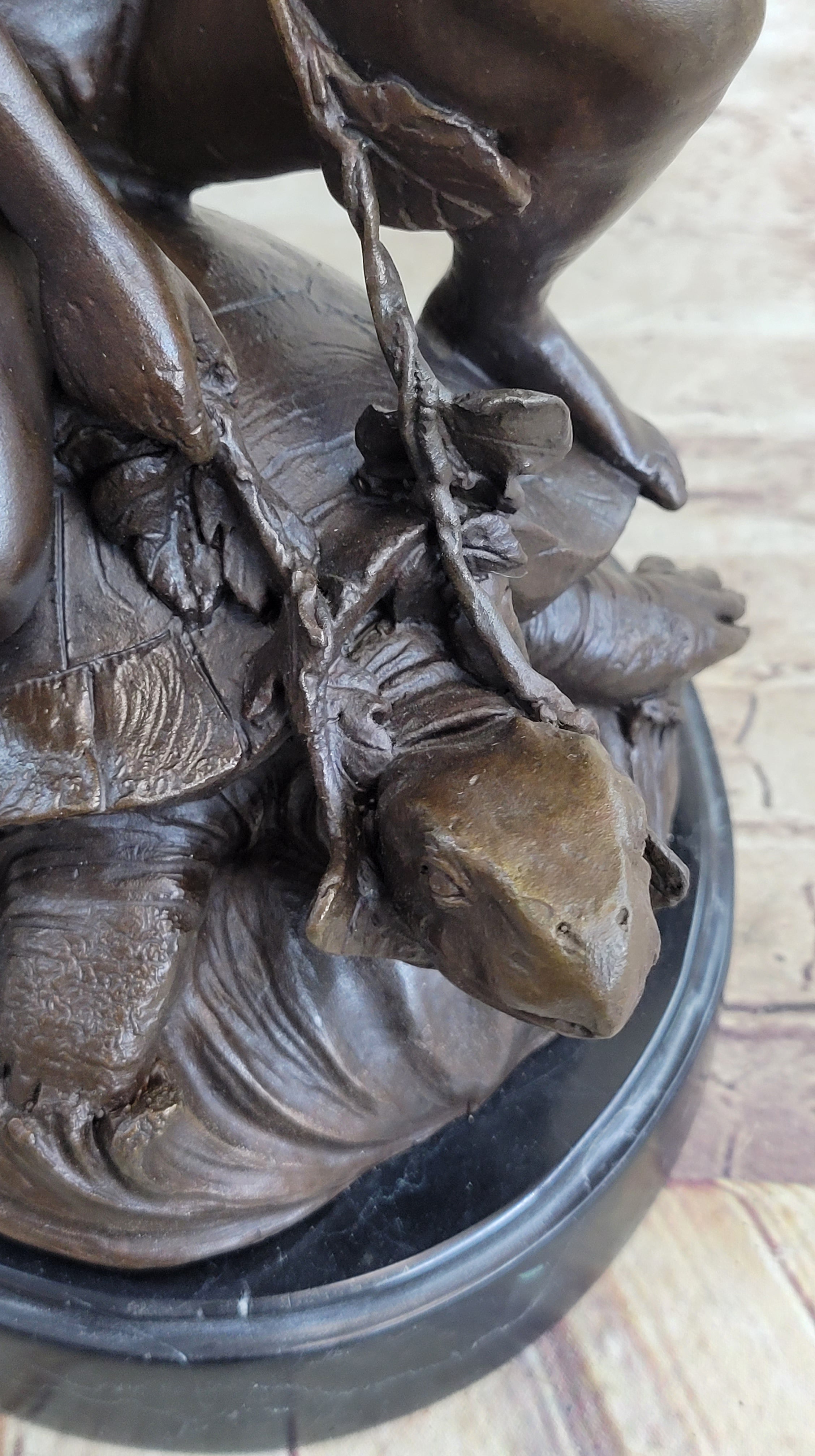 Signed Mercie Nude Boy Riding Turtle Bronze Sculpture Marble Base