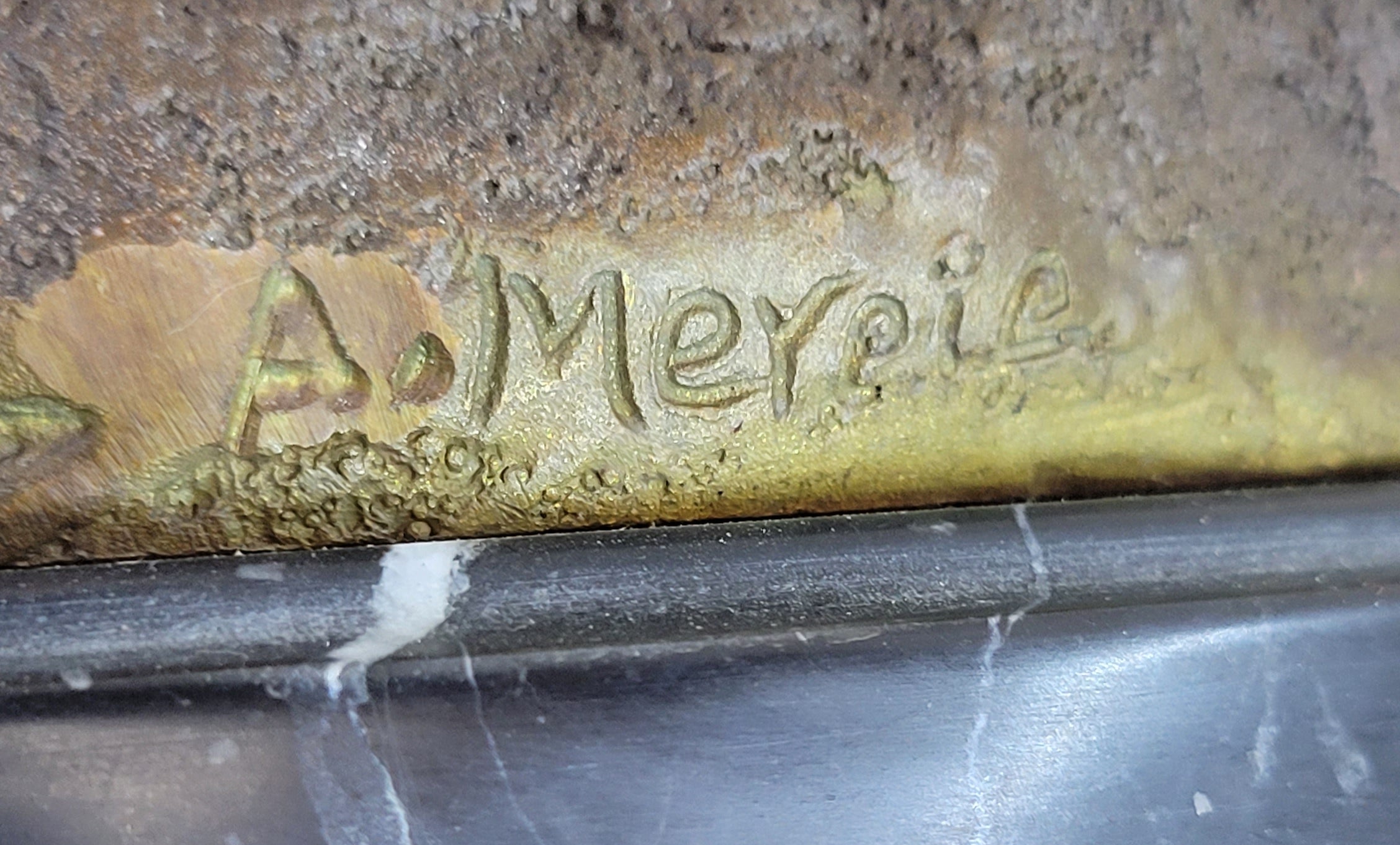 Signed Mercie Nude Boy Riding Turtle Bronze Sculpture Marble Base